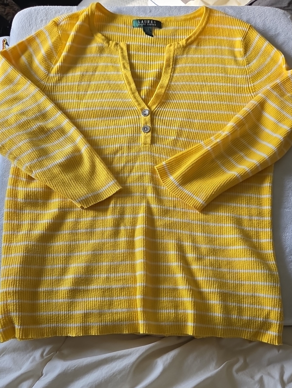 Lauren Ralph Lauren Yellow & White Striped V-Henley Sweater PTP 21-28 INCH